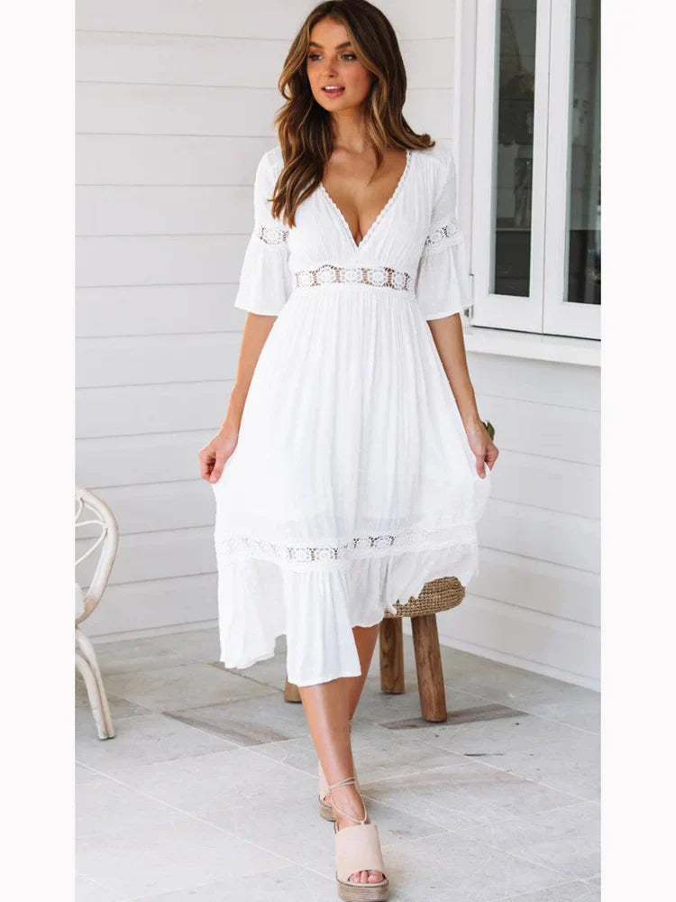 V Neck Lace Splice Boho Midi Dress