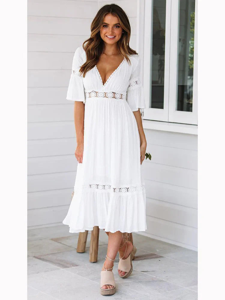 V Neck Lace Splice Boho Midi Dress