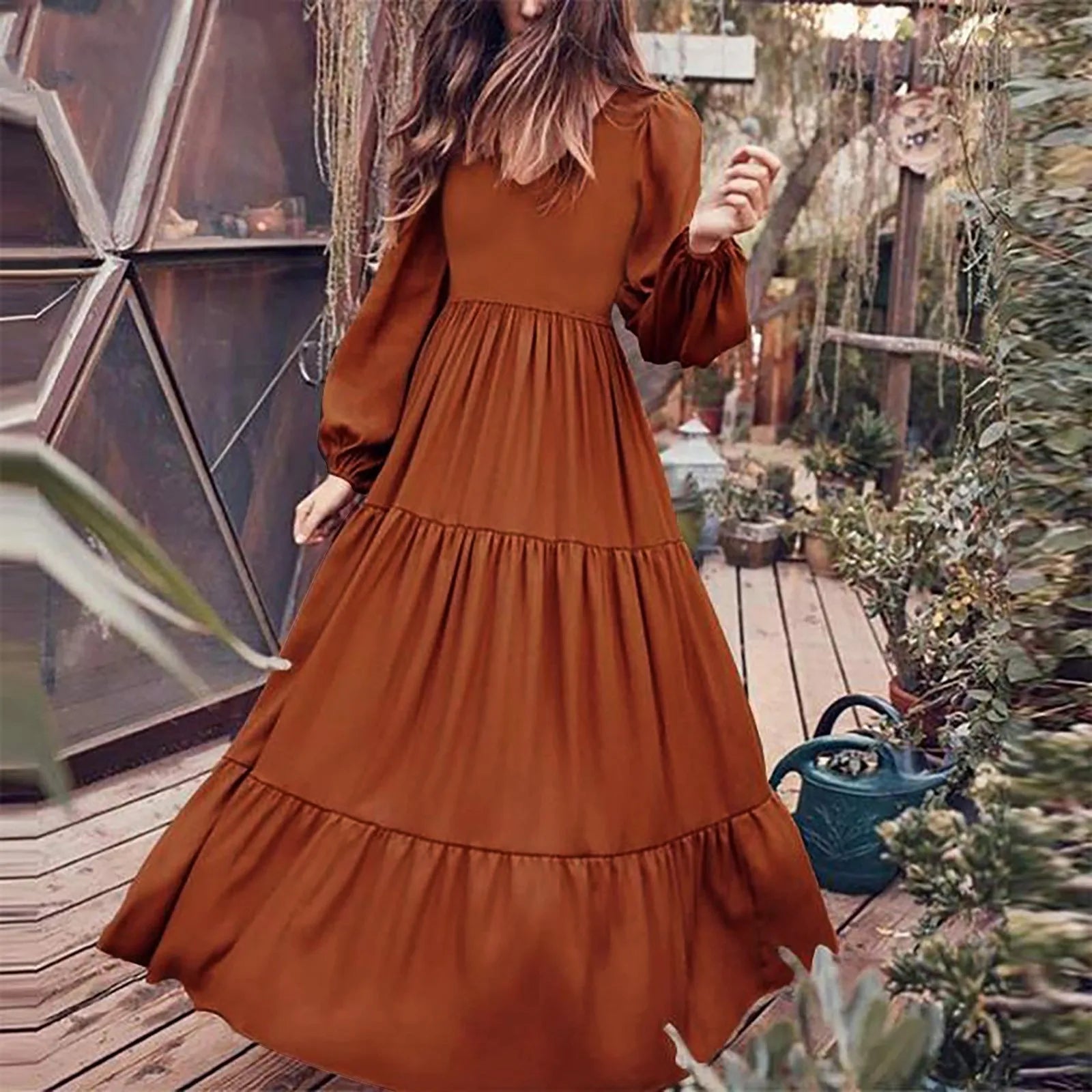 Plus Size Solid Color V Neck A Line Boho Maxi Dress