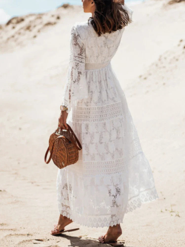 Retro Boho Lace Maxi Dress White Wedding Boho Dress