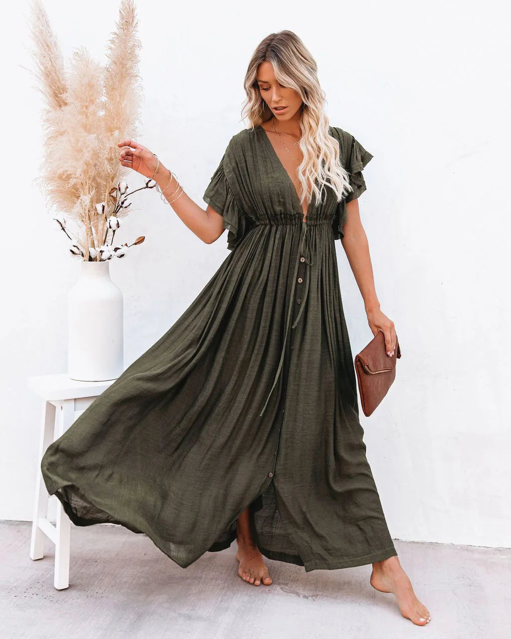 Elegant V neck Maternity Boho Dress for Photoshoot