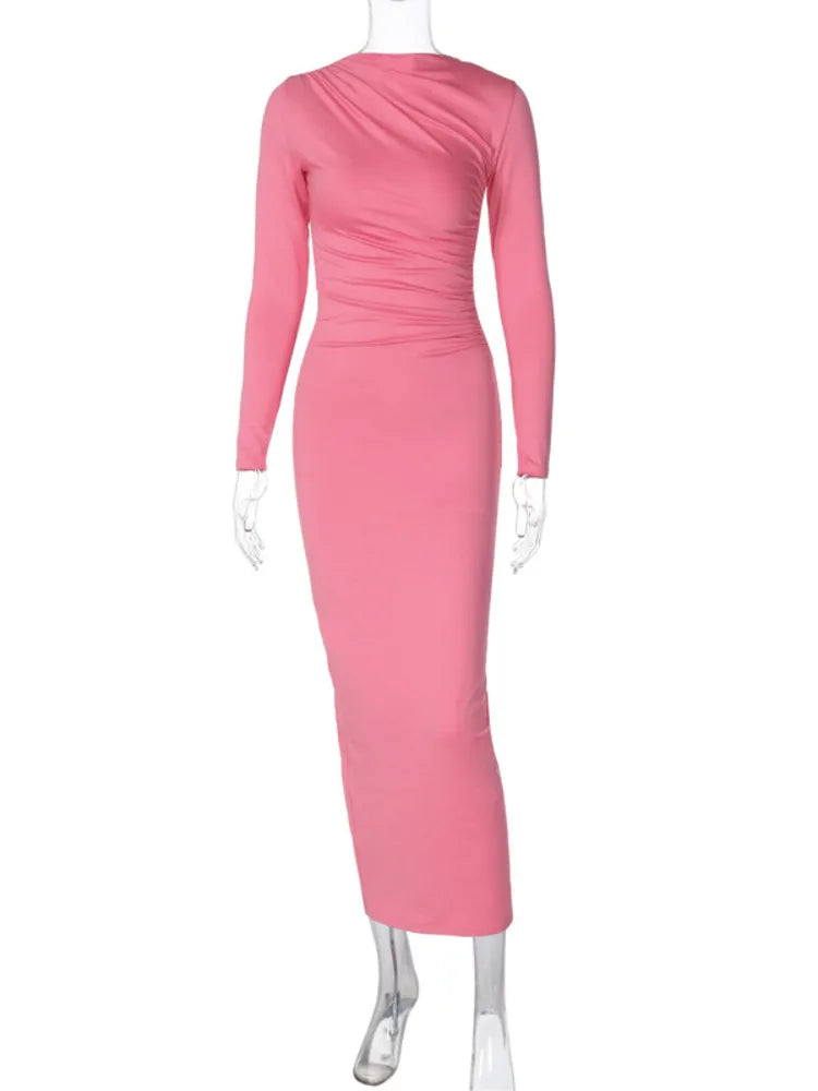 Spring New O Neck Ruched Fashion Long Bodycon Dress