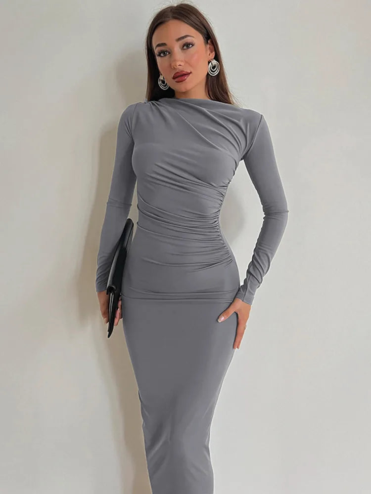 Spring New O Neck Ruched Fashion Long Bodycon Dress