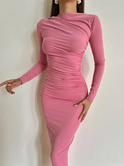 Spring New O Neck Ruched Fashion Long Bodycon Dress