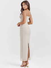 Elegant Spaghetti Strap Backless Mesh Maxi Dress