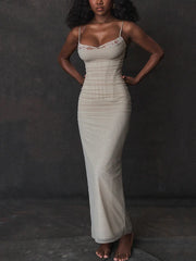 Elegant Spaghetti Strap Backless Mesh Maxi Dress