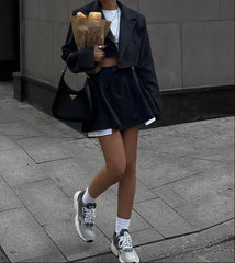 High Waist Short Skirt Long Sleeve Top Two-piece Suit