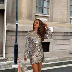 Sexy Patchwork Sequins Frenulum Backless Square Collar Long Sleeve Dresses