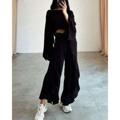 Linen Blend Crop Top Elastic Waist Ruffled Pant Set