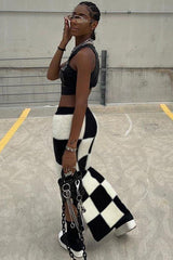 High waist slim slit bag hip checkerboard skirt