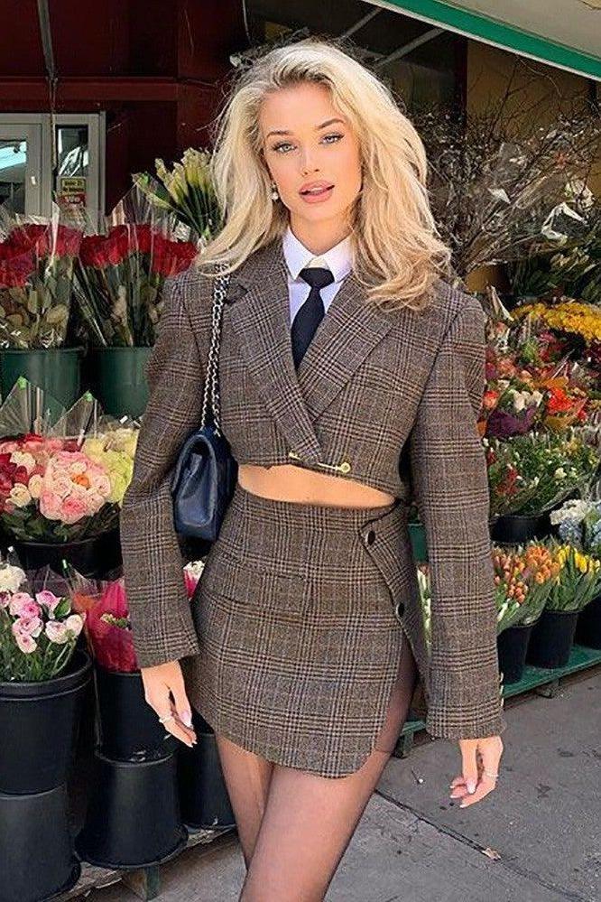 Jacket slit bag hip skirt plaid suit