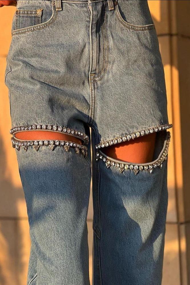 Blue Ripped Straight-Leg Jeans