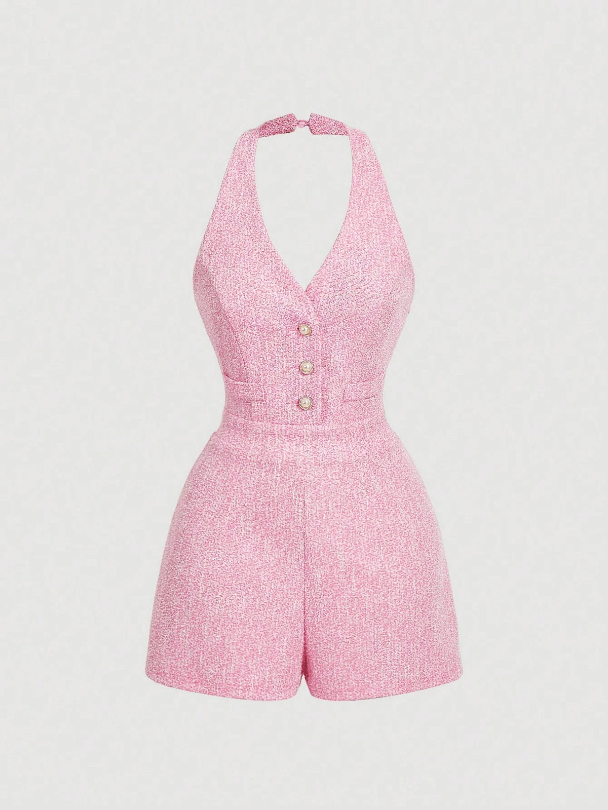 Halter Neck Buttoned Tweed Romper
