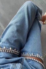 Blue Ripped Straight-Leg Jeans