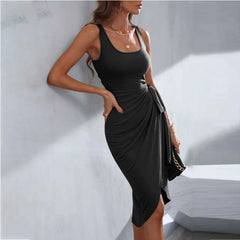 Irregular Strappy Vest Slit Square Neck Dress