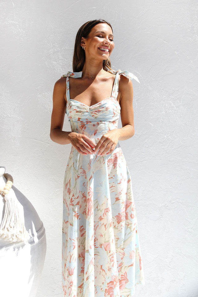 Slim Fit Waist V-Neck Suspender Print Dress
