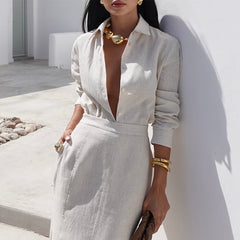 Beige Two-Piece Skirt Suit with Plunge Blouse