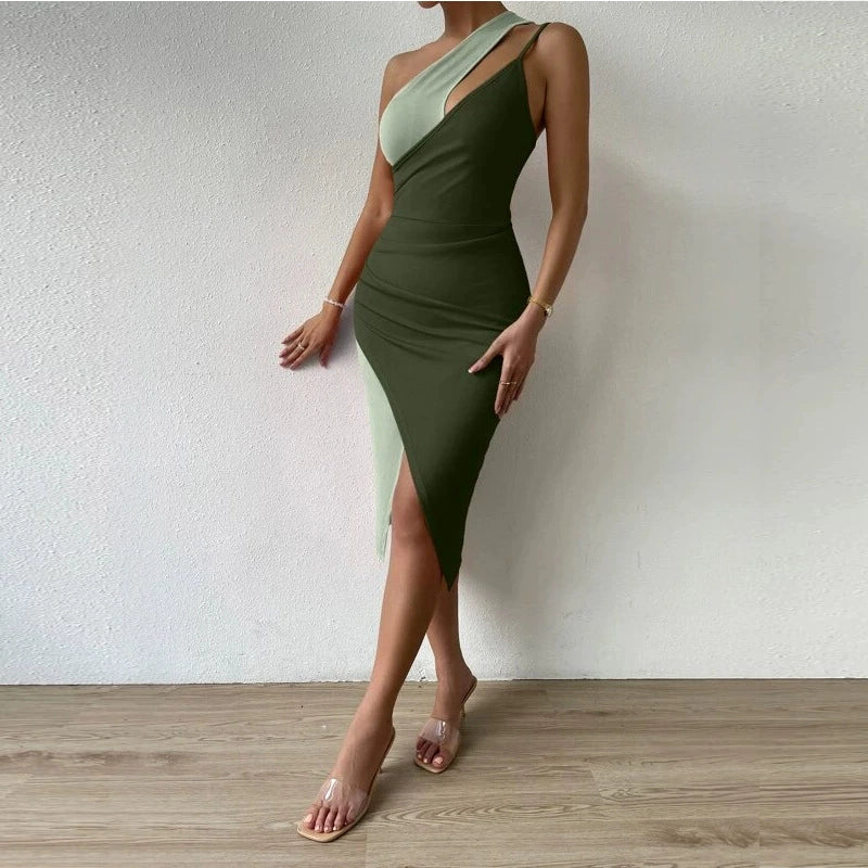 One-Shoulder Strappy Ribbed Contrast Tight-Fitting Dress