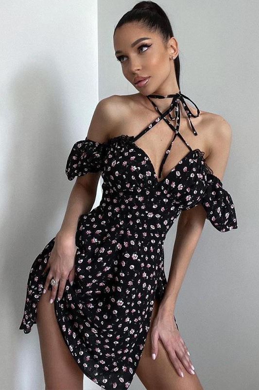 French design floral backless dress
