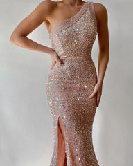 Slanted Shoulder Sequined Dress