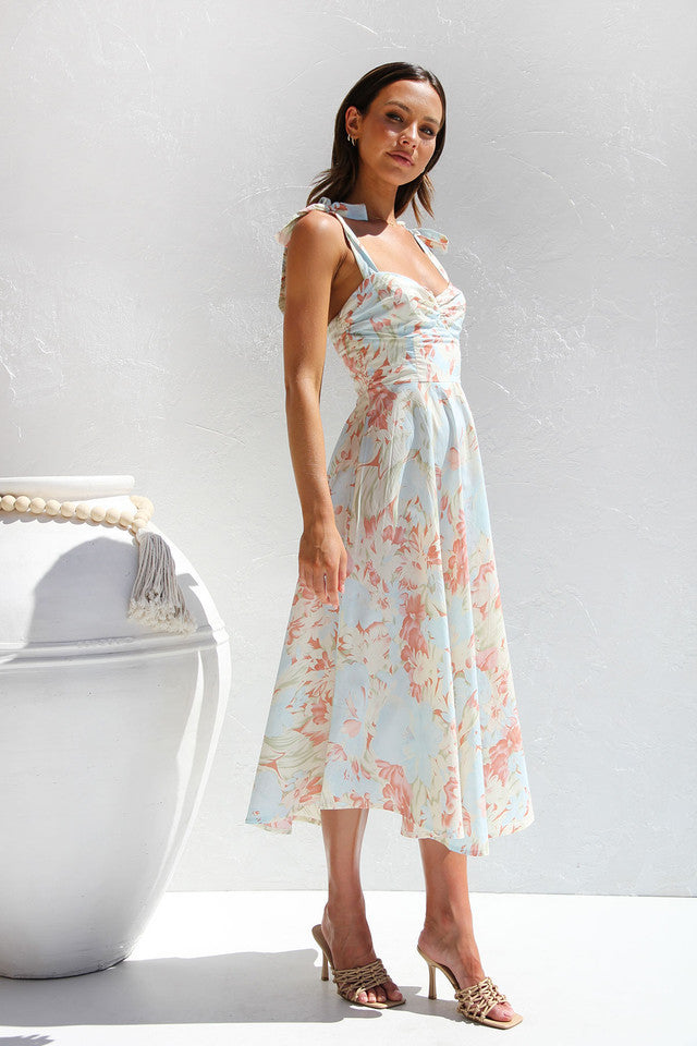 Slim Fit Waist V-Neck Suspender Print Dress