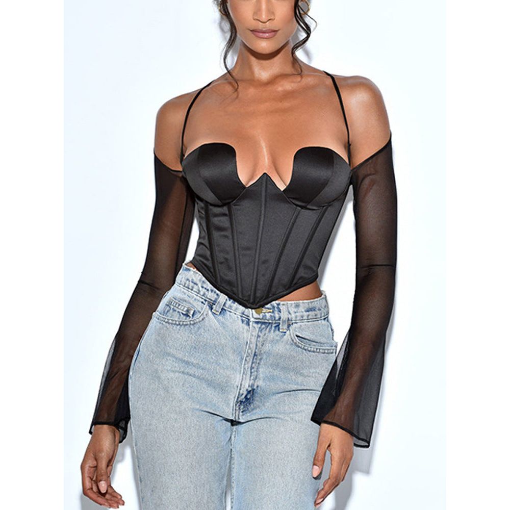 Black mesh backless halter neck top