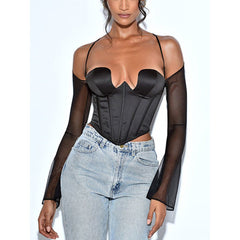 Black mesh backless halter neck top