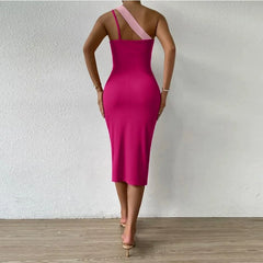 One-Shoulder Strappy Ribbed Contrast Tight-Fitting Dress