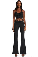 Lace-up crop top & pleated pants two-piece set