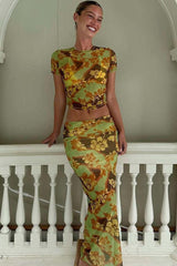 Japanese Flower Print Mesh Skirt Suit