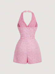 Halter Neck Buttoned Tweed Romper