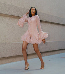 Buttoned Floral Bud Long Sleeve Slim Ruffle Dress
