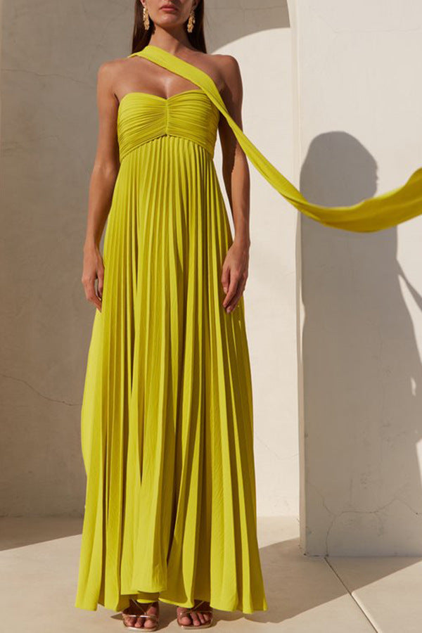 Lime Green One-Shoulder Pleated Maxi Dress