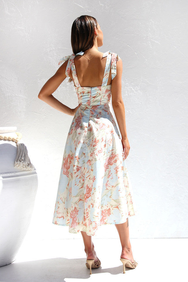 Slim Fit Waist V-Neck Suspender Print Dress