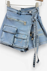 Irregular multi-pocket denim shorts