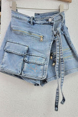 Irregular multi-pocket denim shorts