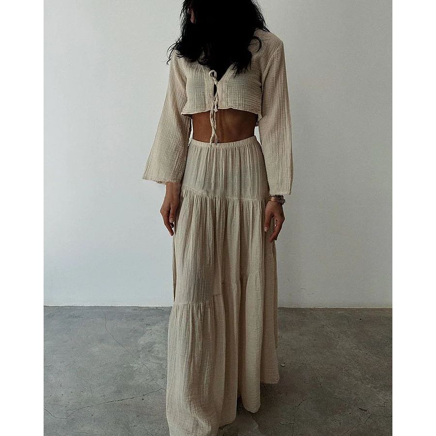 Cardigan V-neck Lace-up Slit Two-piece Suit