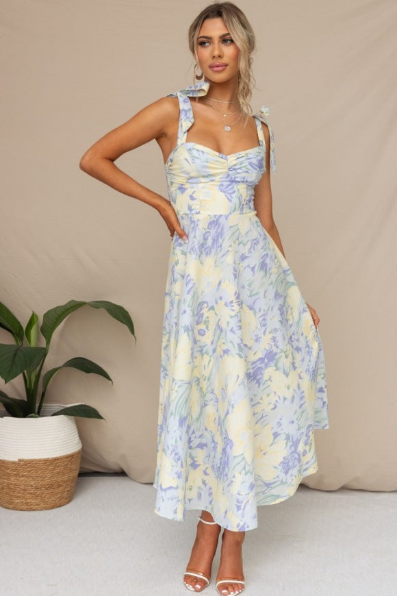 Slim Fit Waist V-Neck Suspender Print Dress