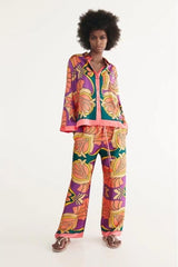 Lapel single-breasted decorated shirt and pants