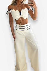 Bow short top wide leg pant suit