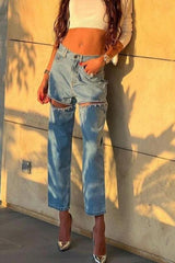 Blue Ripped Straight-Leg Jeans