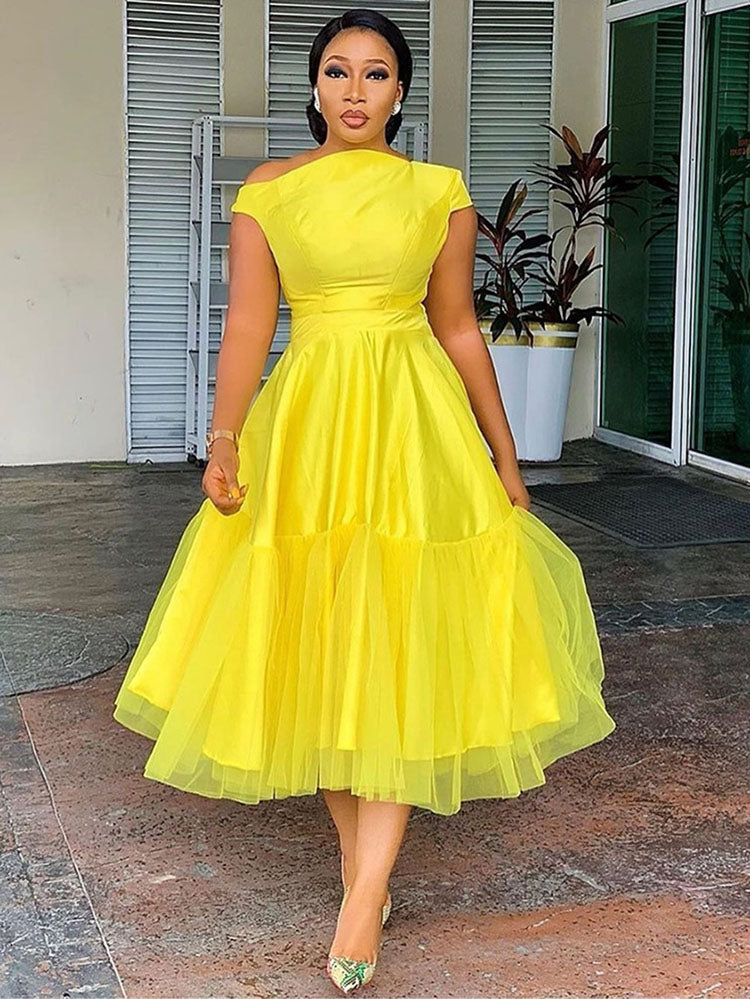 Off Shoulder Tulle Midi Dress