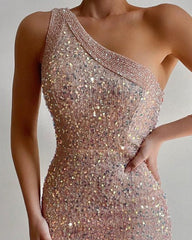 Slanted Shoulder Sequined Dress