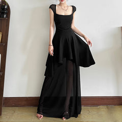 Sleeveless Mesh Solid Color High Waist Slim Fit Dress