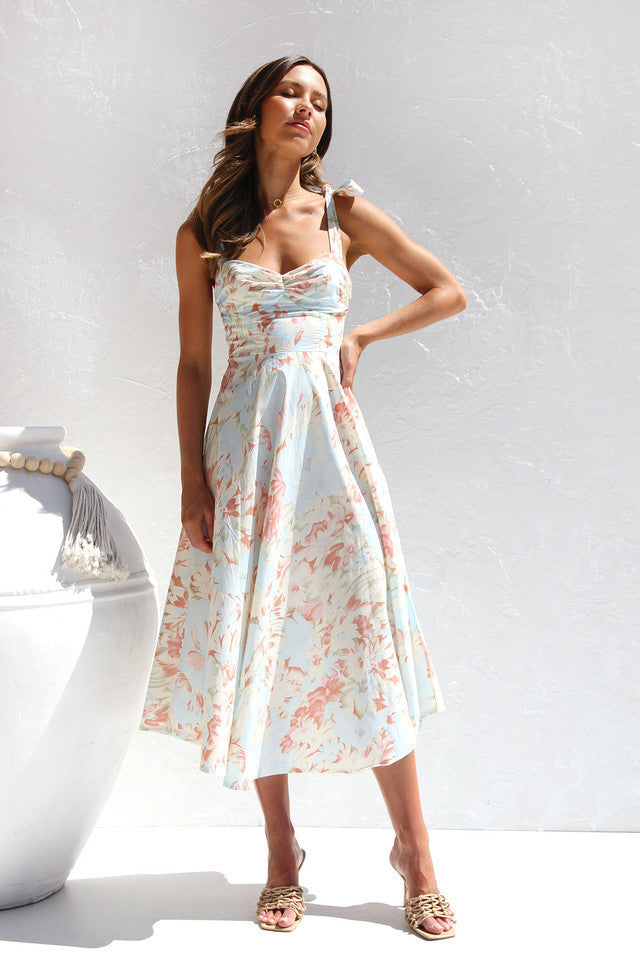 Slim Fit Waist V-Neck Suspender Print Dress