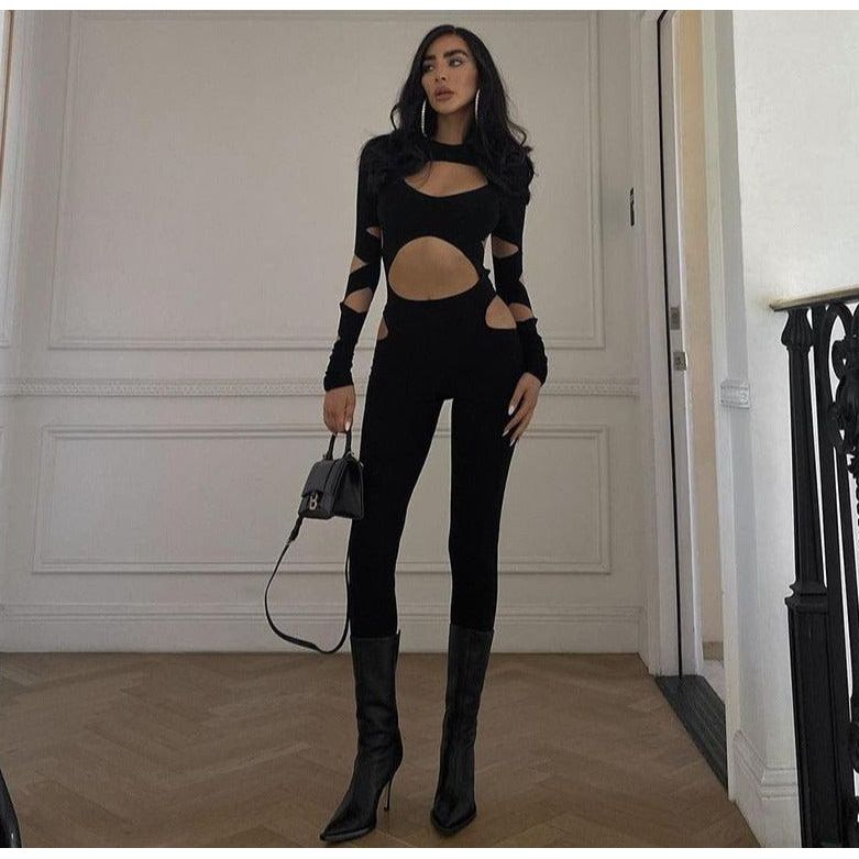 Hollow out navel long-sleeved slim jumpsuit