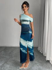 Elegant One-Shoulder Tie-Dye Maxi Dress with Side Slit