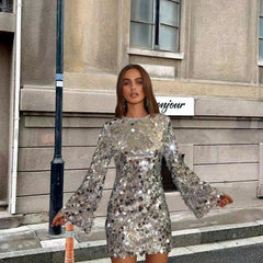 Sexy Patchwork Sequins Frenulum Backless Square Collar Long Sleeve Dresses