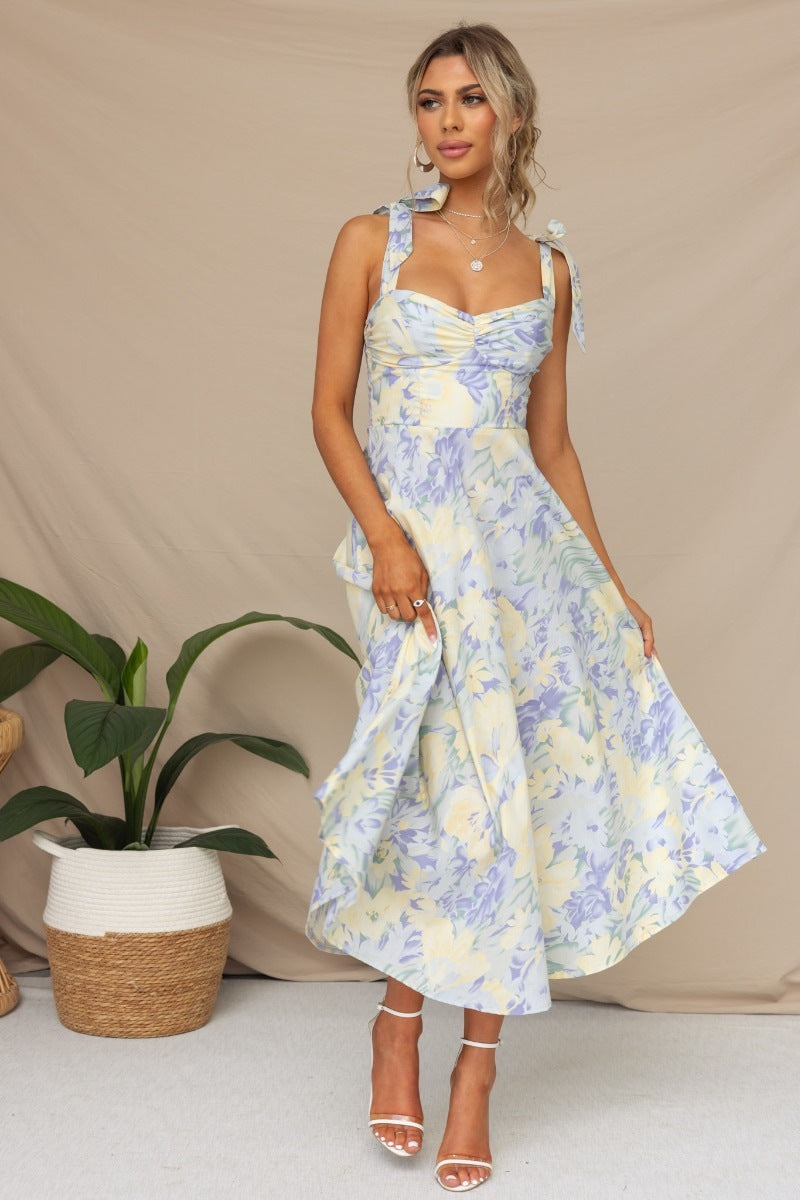 Slim Fit Waist V-Neck Suspender Print Dress