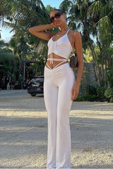 Lace-up crop top & pleated pants two-piece set